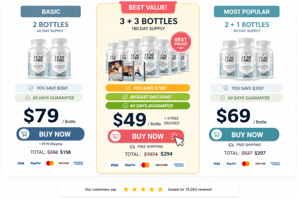 "FemiCore pricing plans with bottle bundle offers."